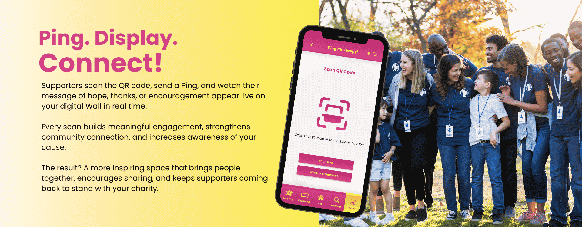 Supporters scan a QR code to Ping your charity Wall