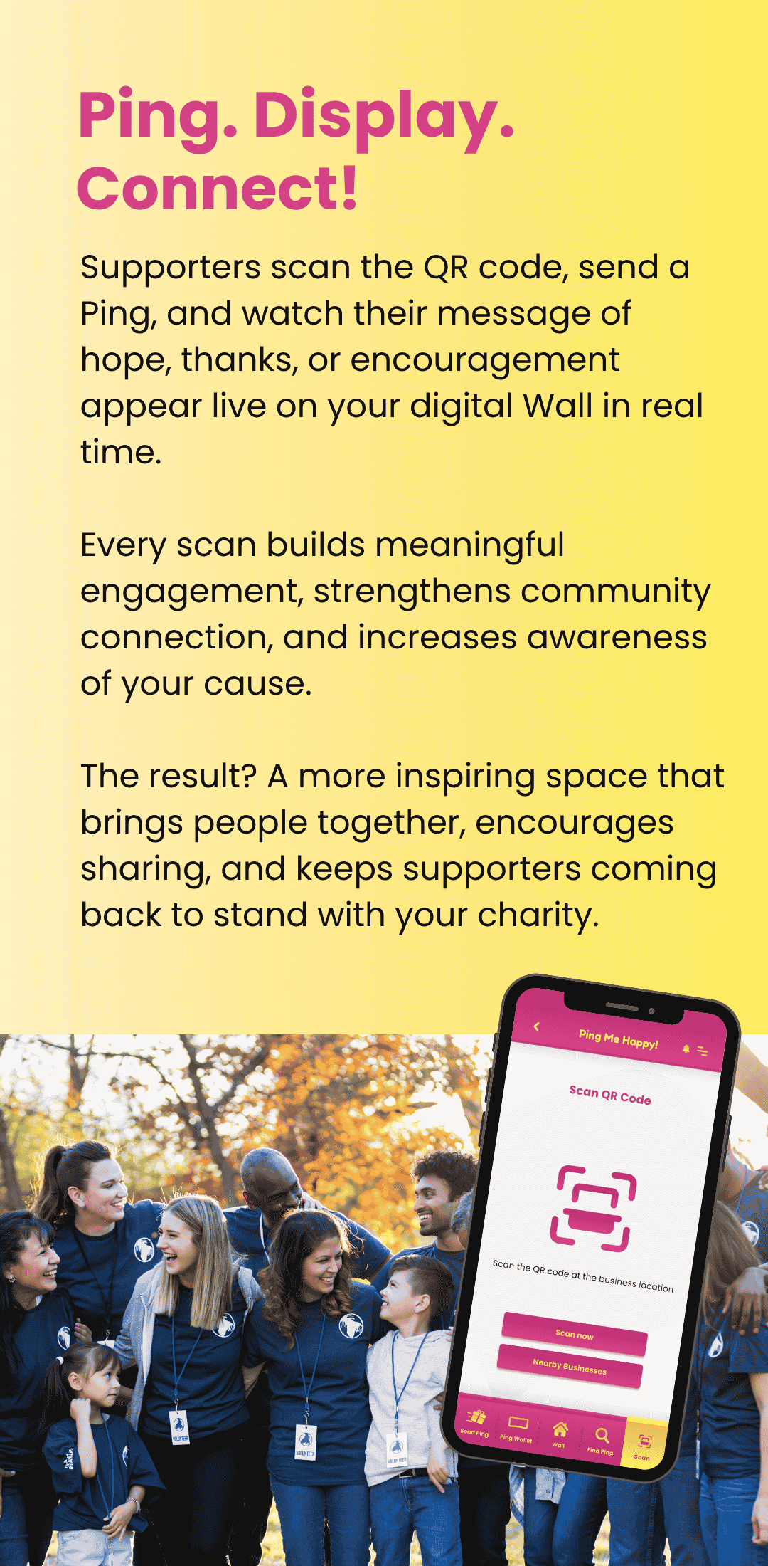 Supporters scan a QR code to Ping your charity Wall (mobile)